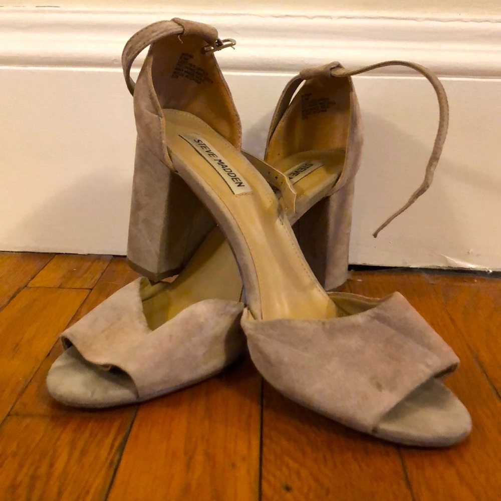 beige suede heels by Steve Madden